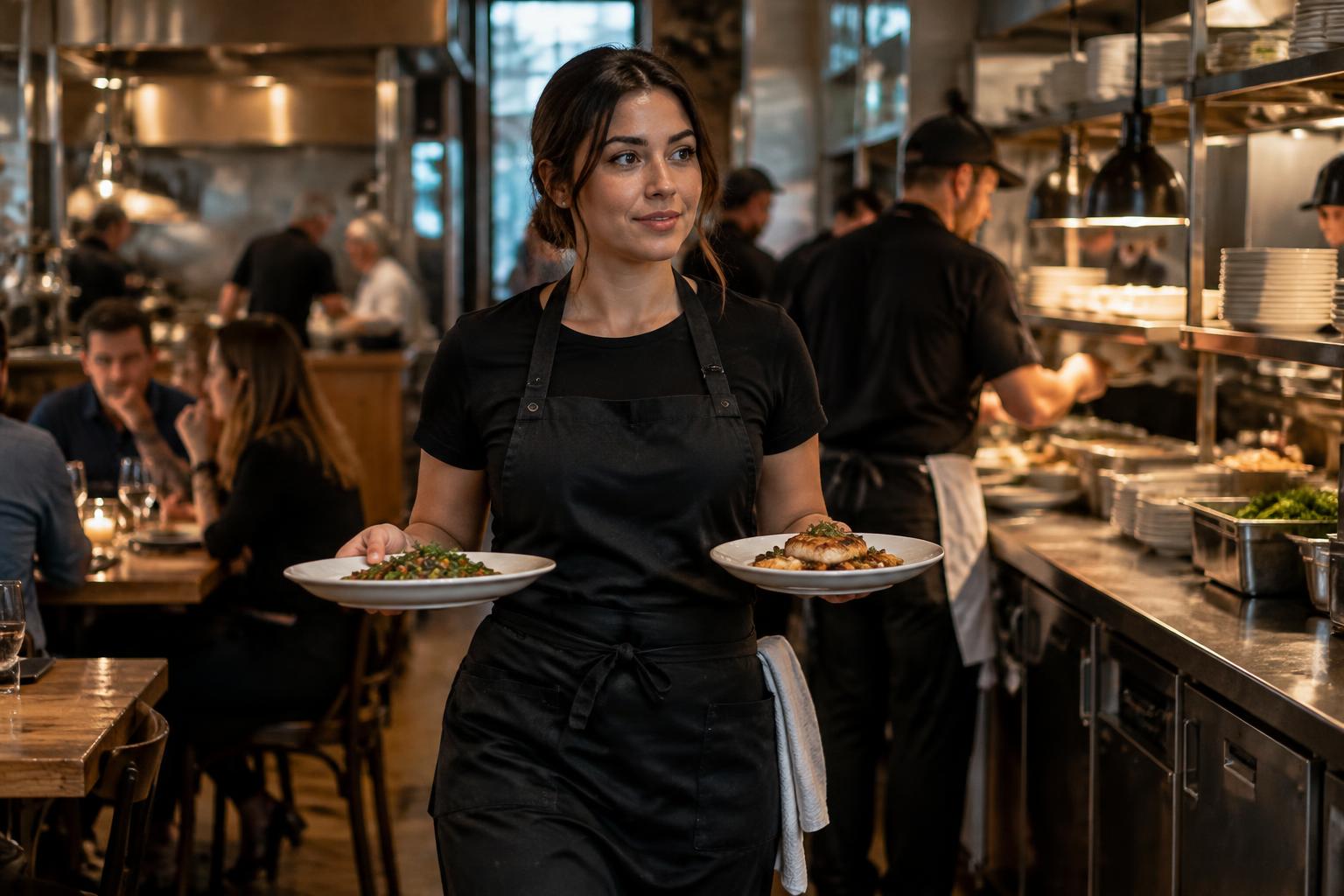 Hospitality professional carrying plates during restaurant service